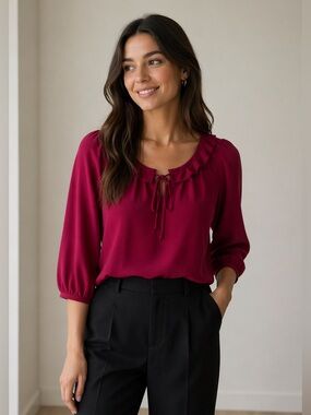 LOFT Ruffle Tie-Neck Blouse in Berry Size XSP